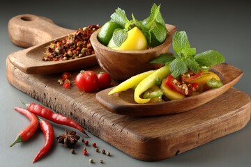 Aufkleber - Fresh ingredients prepared for cooking with vibrant vegetables and spices on wooden serving board