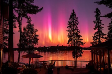 Poster - Spectacular display of colorful auroras over tranquil lake at dusk surrounded by tall trees and a peaceful deck
