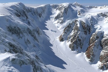 Aufkleber - Majestic snowy mountain valley showcasing a frozen river and rugged cliffs in a remote wilderness during winter