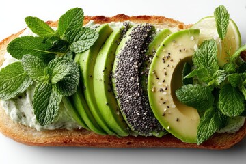Poster - Delicious avocado toast topped with mint, lime, and chia seeds served on golden brown bread
