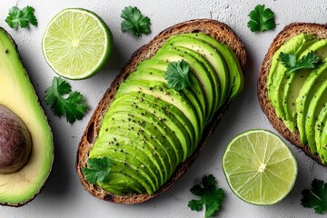 Poster - Avocado toast with lime and cilantro garnished on a rustic surface, highlighting fresh ingredients and vibrant colors