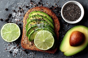 Poster - Sliced avocado and lime on whole grain bread with chia seeds and spices for a healthy breakfast