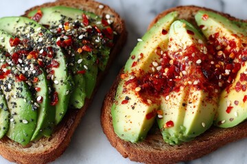 Poster - Colorful avocado toast with spices and toppings on whole grain bread served on a marble surface