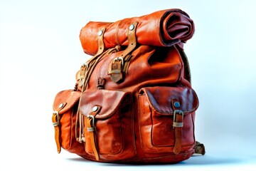 Poster - Stylish brown leather backpack with multiple pockets, perfect for adventures and everyday use
