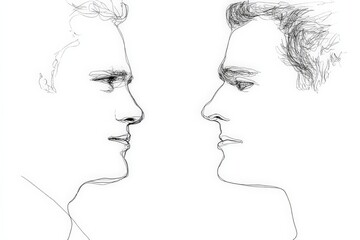 Poster - Two portraits of men facing each other in a minimalist line drawing style illustrating a moment of connection