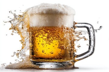 Poster - Refreshing beer splashing from a glass mug with frothy head and droplets