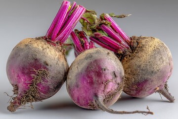 Poster - Freshly harvested beets with vibrant purple tops on a neutral background
