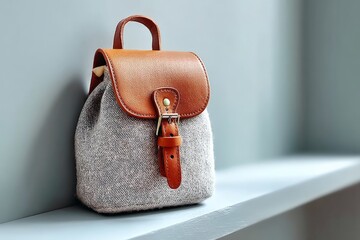 Poster - Stylish wool and leather backpack resting on a shelf in a modern interior setting