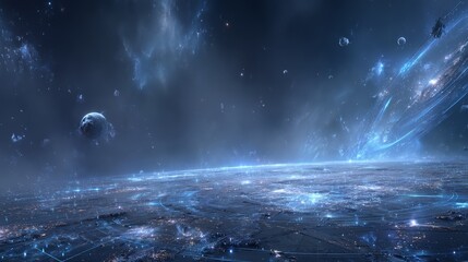 Wall Mural - Vibrant abstract space serves as the backdrop for an assortment of cosmic planets and celestial elements