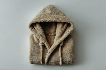 Poster - Cozy beige hooded robe neatly folded on a gray surface