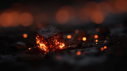 Wall Mural - Glowing lava rock cube on a dark volcanic surface, creating an abstract fiery background.