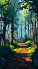Aufkleber - 緑豊かな森林風景 パスと日の光 自然の美しさ 木々の影と明るい緑が特徴の森林風景 シーン 日本風のピクセルアートスタイル