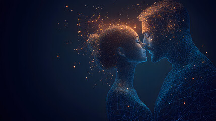 Aufkleber - A captivating digital artwork of a man and woman wireframe about to kiss. The scene bursts with color, connection, and energy against a dark blue backdrop. Abstract wireframe in dark blue.
