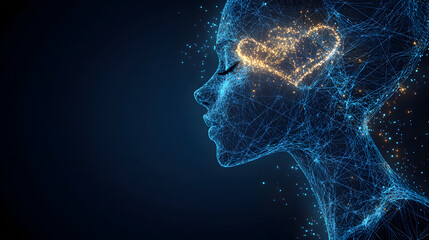 Aufkleber - Digital portrait revealing inner emotion. A glowing heart symbolizes feelings within a technological representation of a serene human head and neck. Abstract wireframe in dark blue