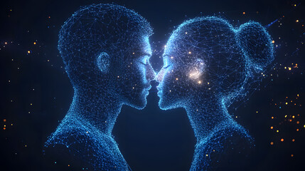 Leinwandbilder - Intimate moment captured in a digital embrace. Two figures, rendered in vibrant blue lines, share a tender connection amidst floating golden particles. Abstract wireframe in dark blue