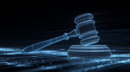 Poster - In a futuristic legal system, a digital gavel strikes virtual bankruptcy papers