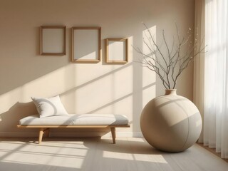 Aufkleber - クリーム色の壁と木製の床のあるエレガントなリビングルーム、自然光が差し込むモダンなインテリアデザインと花瓶の展示