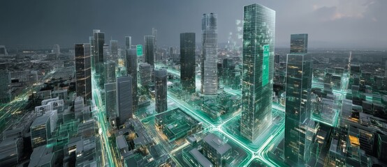 Poster - City of the future featuring an integrated digital network and interconnected buildings