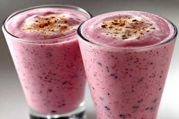 Poster - Delicious creamy strawberry smoothie with spices served in clear glasses on a light background
