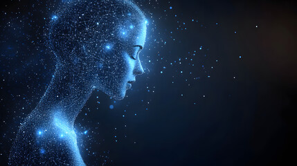 Fototapete - Futuristic glowing woman depicted with interconnected blue lines against a dark blue backdrop. Captures digital consciousness, technology, and abstract representation. Abstract wireframe in dark blue