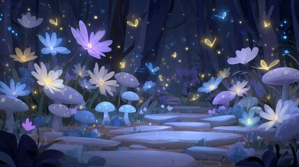 Bizarre and fantastical flora thrive beneath a celestial nighttime sky