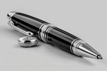 Poster - Elegant black pen with silver accents poised on a smooth surface inviting creative writing or professional use