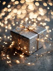 Aufkleber - Holiday Gift Box Unwrapped With Sparkling Lights Creating a Warm Atmosphere During Festive Celebrations