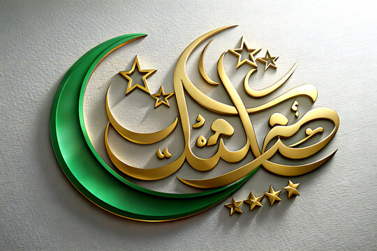 Eid al-Adha Mubarak Calligraphy with Crescent Moon and Stars in Golden Green Theme