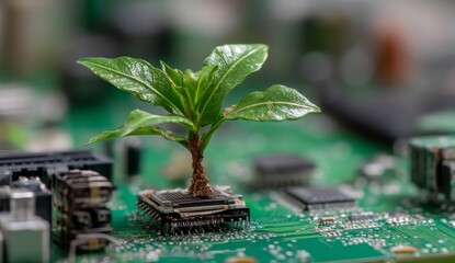 Aufkleber - On the computer circuit board's junction, a tree is emerging, signifying the fusion of IT ethics, CSR, green computing, and green technology, and underscoring the significance of the green technology