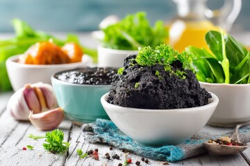 Poster - Delicious black garlic paste with herbs and fresh ingredients on a rustic wooden table