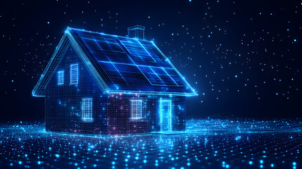 Leinwandbilder - futuristic house concept. a wireframe home illuminated in vibrant blue, highlighting solar panels an