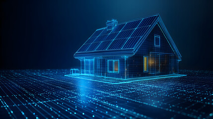 Aufkleber - Futuristic house design with integrated solar panels, displayed as a blue wireframe on a glowing circuit board. Energy-efficient home concept with illuminated windows. Abstract wireframe in dark blue.