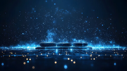 Leinwandbilder - Futuristic platform illuminated by glowing lines and geometric patterns. Cylindrical shapes stand as stages against a backdrop of radiant dots, conveying innovation. Abstract wireframe in dark blue.
