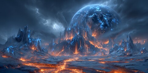Wall Mural - An otherworldly landscape, set on the surface of an alien planet, creates a captivating science fiction background and intergalactic view