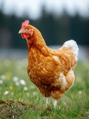 Poster - Chicken Walks Through a Grassy Yard Under a White Sky in a Tranquil Outdoor Setting