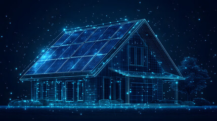 Aufkleber - Futuristic wireframe house with solar panels, glowing blue lines, and starry backdrop. Sustainable home concept visualized in a modern, abstract design. Abstract wireframe in dark blue