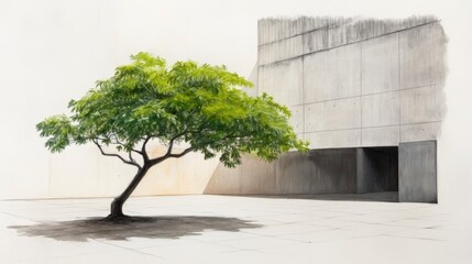 Poster - Serene Urban Landscape Featuring Lone Tree Against Modern Concrete Architecture in Minimalist Style