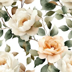 Poster - Soft Elegance of White and Peach Flowers with Greenery on a Light Background for Fresh Floral Design Ideas
