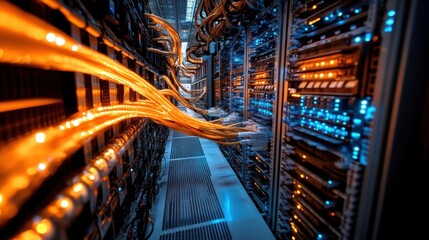 Fototapete - Server room with glowing orange cables and blue lights on hardware racks. Illustrates big data, network infrastructure, and information technology topics.