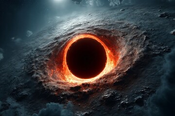 Aufkleber - Mysterious black hole with fiery accretion disk in deep space creates stunning cosmic view of swirling matter