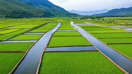 Wall Mural - aerial view of terraced landscape with vibrant green rice fields and winding water channels