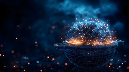 Leinwandbilder - Futuristic wireframe bowl containing a glowing node network against a dark blue background with bokeh lights. A technological and abstract design. Abstract wireframe in dark blue