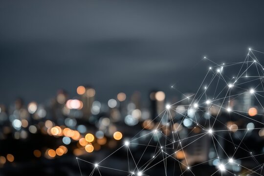 Abstract, futuristic network designs typically incorporate a range of modern, geometric shapes and technological elements, including polygonal structures and blue, cyber-inspired patterns, to create