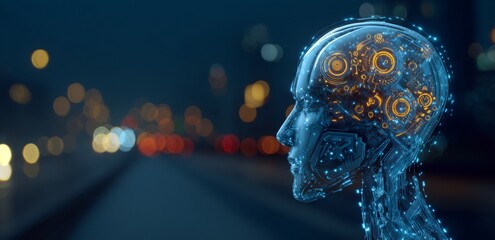 Poster - Future technological advancements are envisioned against a blurred and abstract city lights background