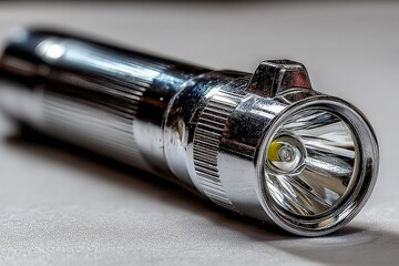 Poster - Metal flashlight with bright LED beam laying on a flat surface in a well-lit room