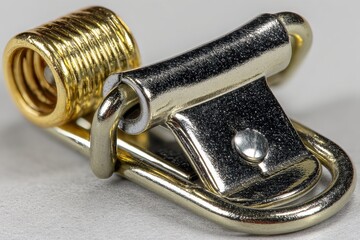 Fototapete - Small metal spring mechanism with a shiny silver and gold finish for industrial applications
