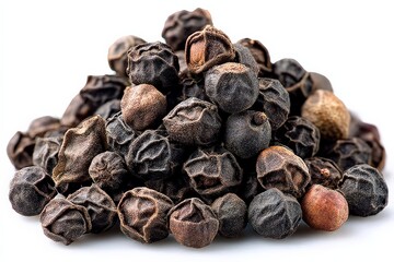 Poster - Black peppercorns arranged neatly on a white background showing their texture and color variations in detail