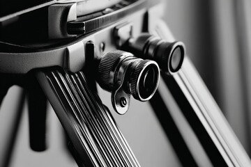 Aufkleber - Details of a camera tripod in a studio setting highlighting the precision engineering and design during sunset