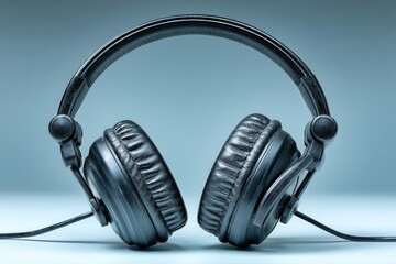 Poster - Classic black headphones resting on a blue background in a minimalist design