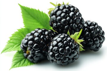 Poster - Freshly picked blackberries on green leaves beautifully displayed for a healthy snack or dessert option